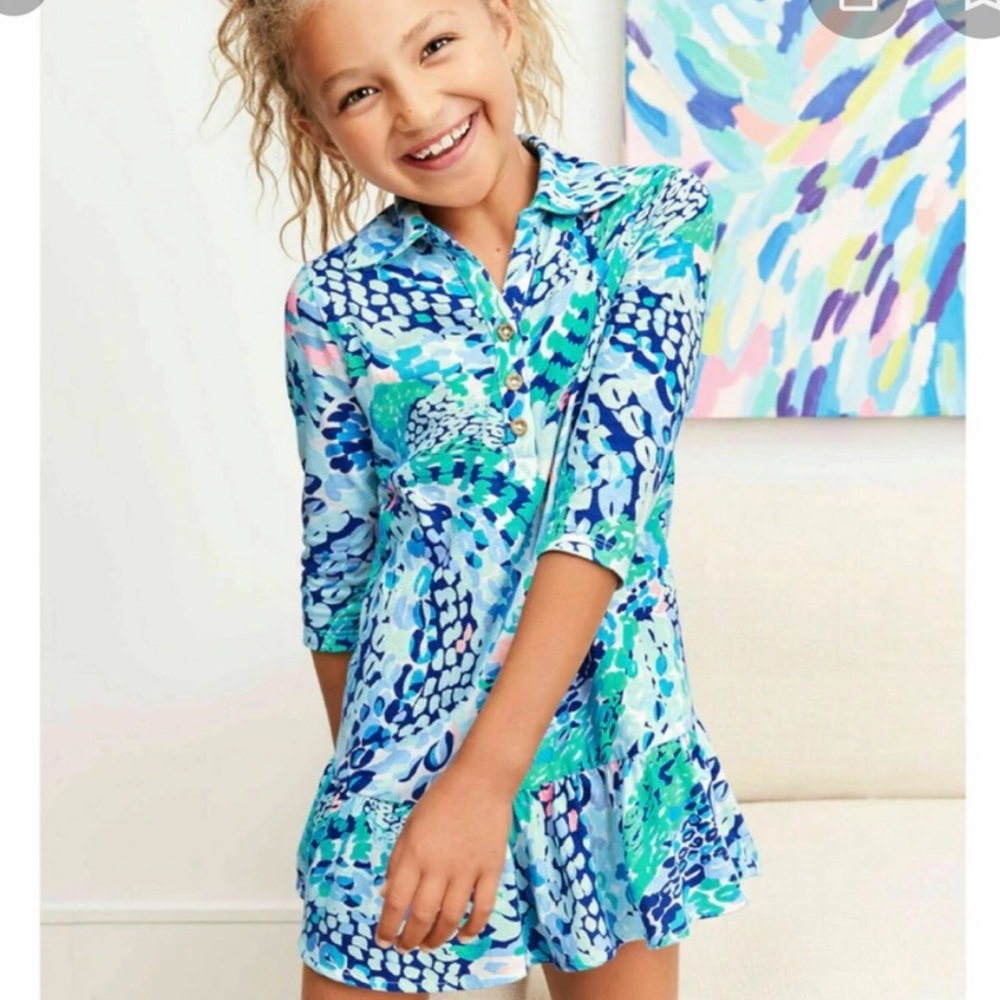 LILY PULITZER girls “Amelia polo dress” turquoise blue-Large (8-10)